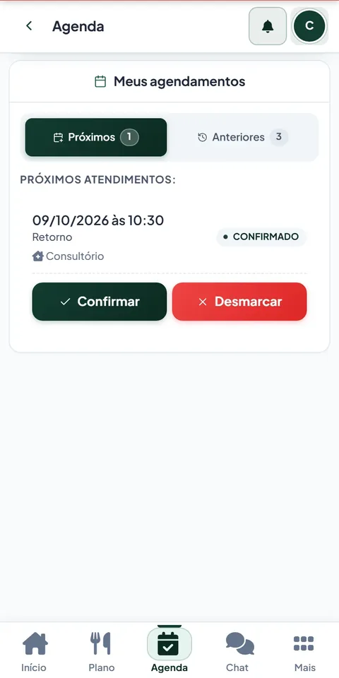 Agenda do aplicativo com o próximo atendimento e os botões Confirmar e Desmarcar