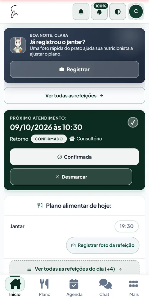 Tela inicial do aplicativo SeuNutricionista com o próximo atendimento confirmado e o plano alimentar do dia