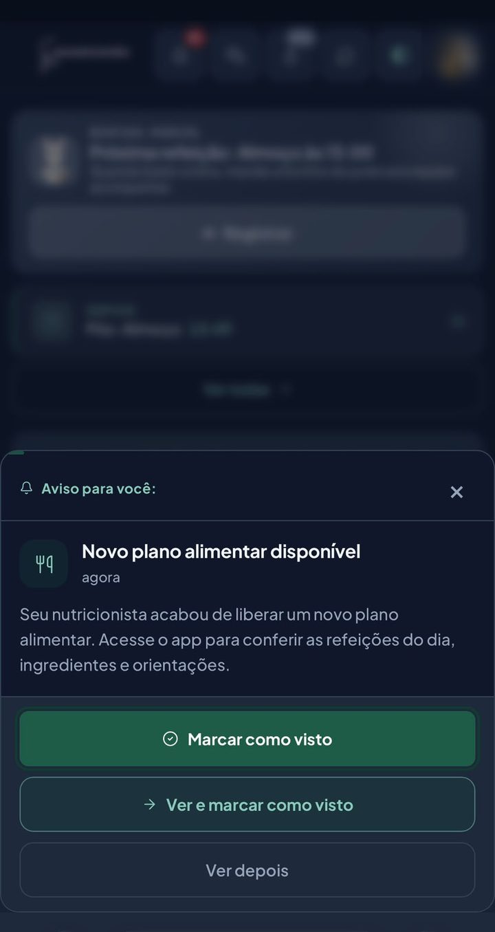 Cartão de aviso de novo plano alimentar disponível, com as três opções