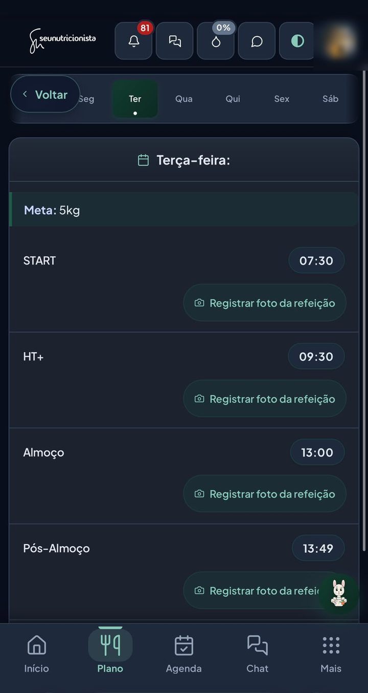 Tela do plano alimentar mostrando a barra de cima e a barra de baixo
