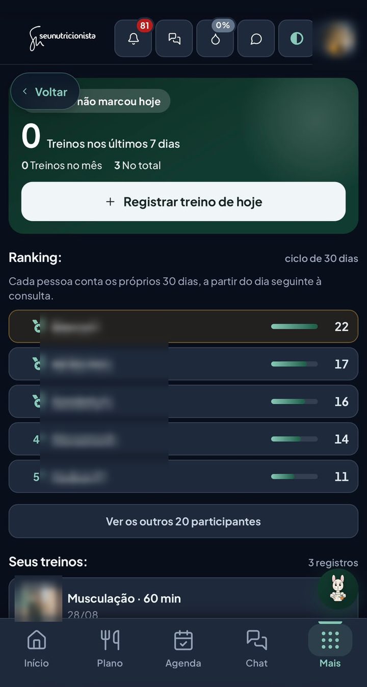 Tela de Treinos com o botão de registrar, o ranking e os treinos registrados