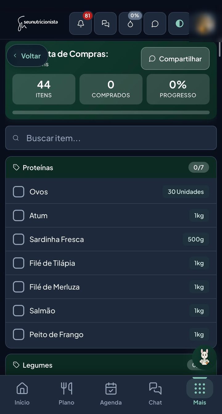 Minha Lista de Compras, com itens por categoria e caixas para marcar