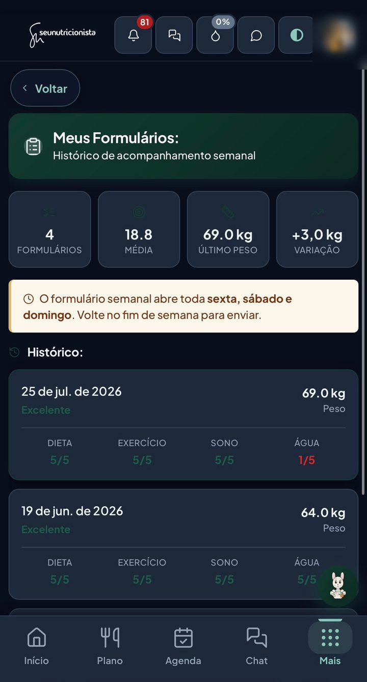 Tela Meus Formulários com o histórico do acompanhamento semanal
