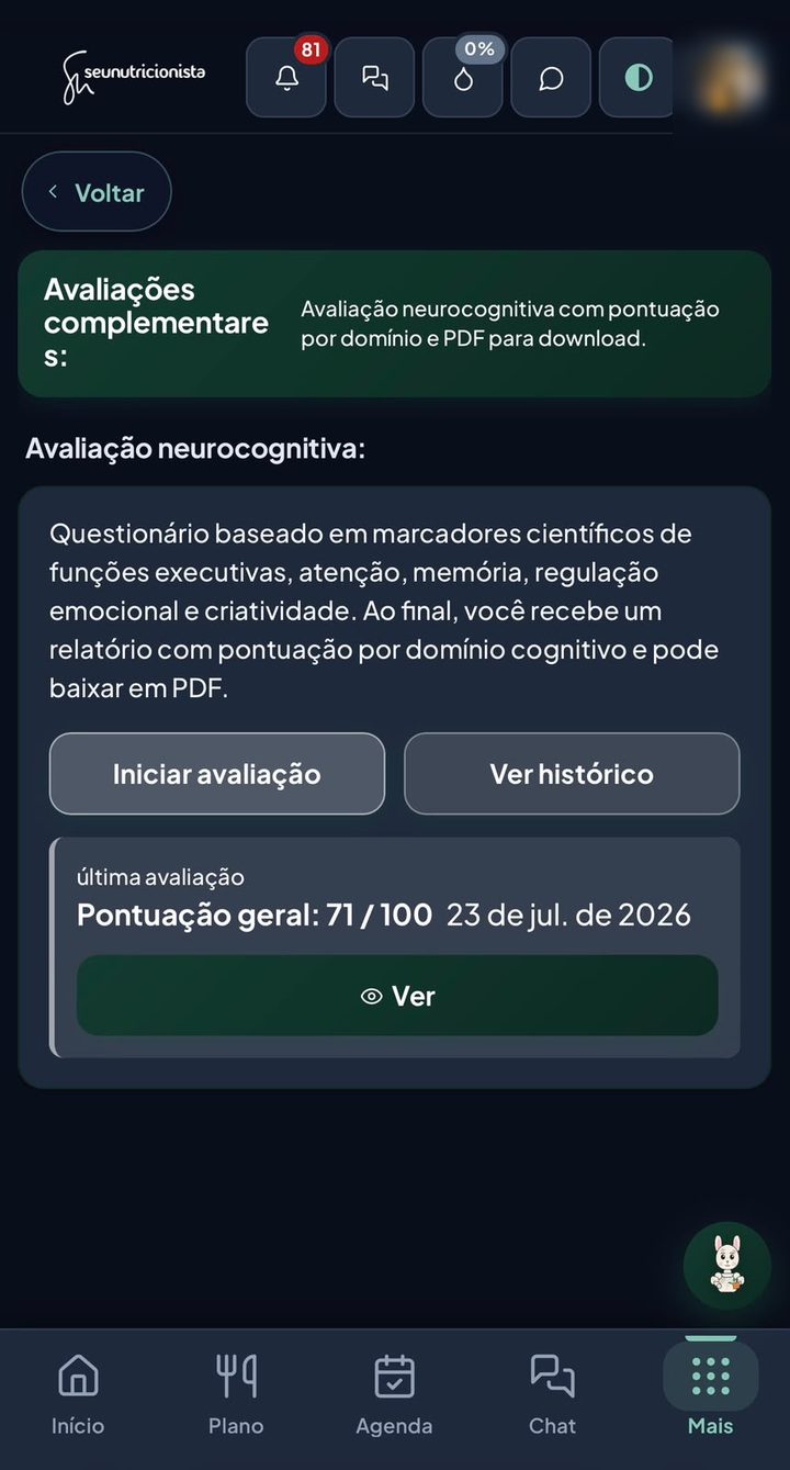 Tela de avaliações complementares com a avaliação neurocognitiva