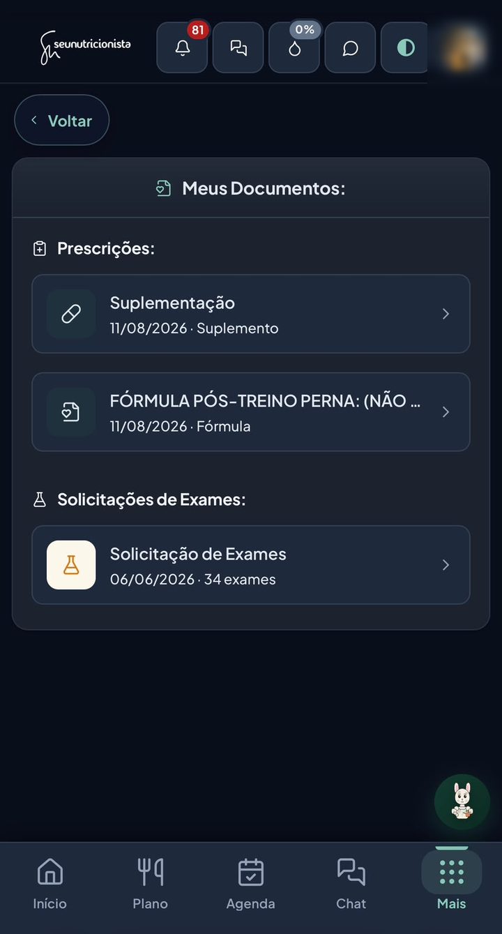 Tela Meus Documentos com prescrições e solicitações de exames