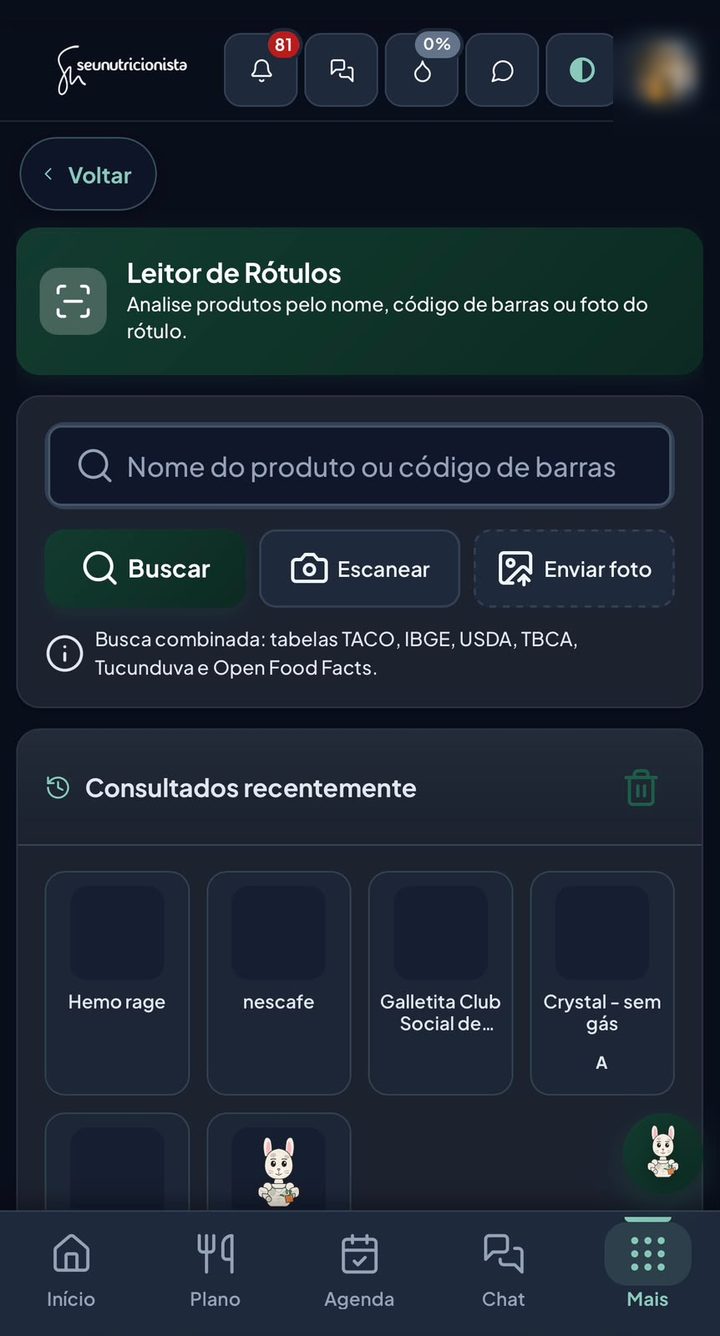 Leitor de rótulos com busca, escanear código de barras e enviar foto