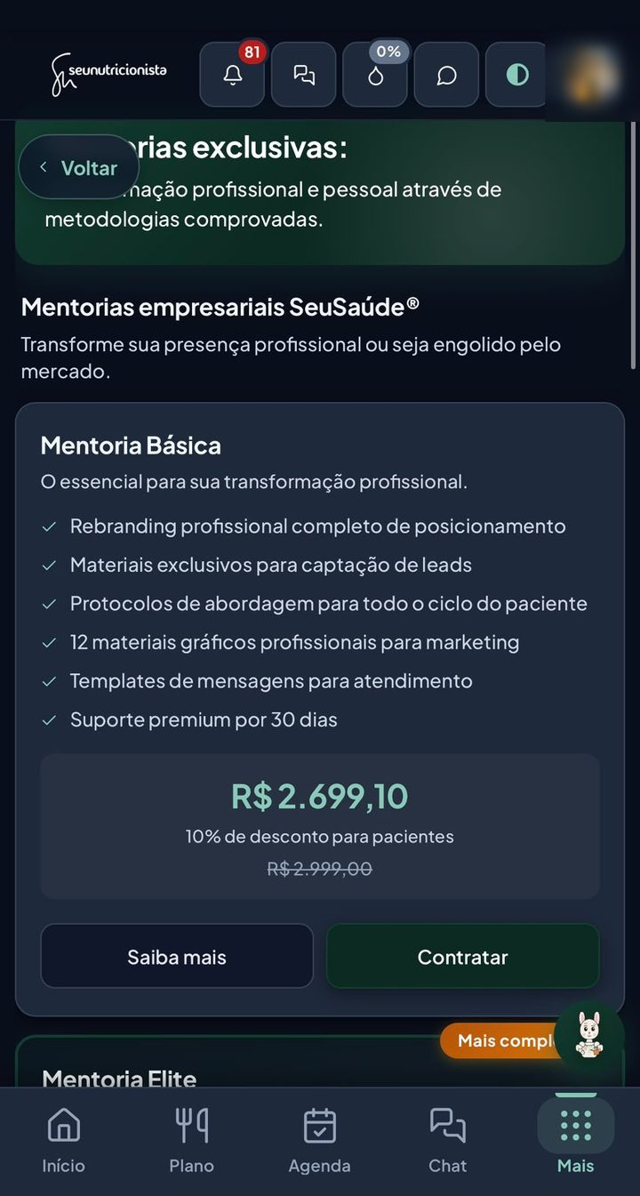 Tela de mentorias com o que está incluído e o valor de paciente