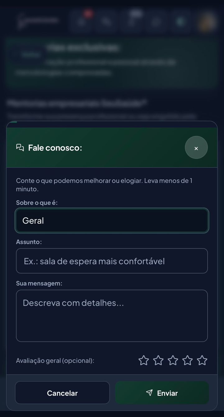 Formulário Fale conosco, com assunto, mensagem e avaliação em estrelas