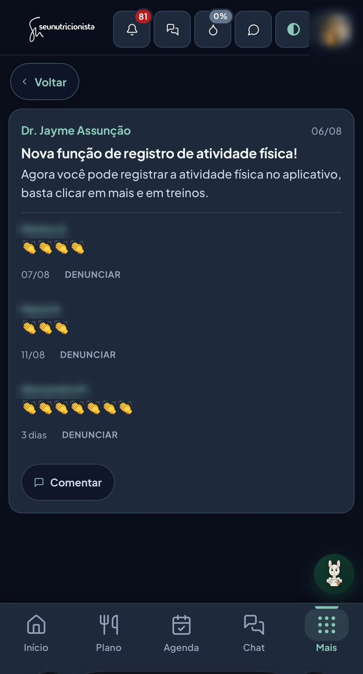 Mural da comunidade com um recado da equipe e os comentários