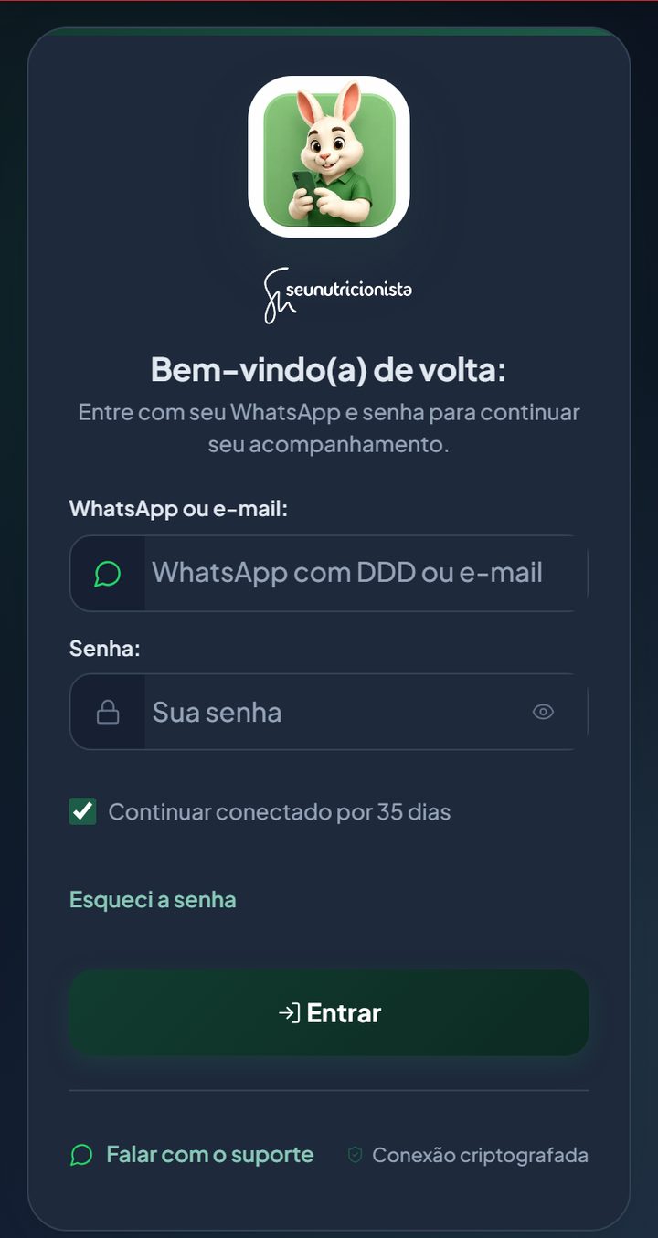 Tela de acesso do aplicativo, com os campos WhatsApp ou e-mail e Senha