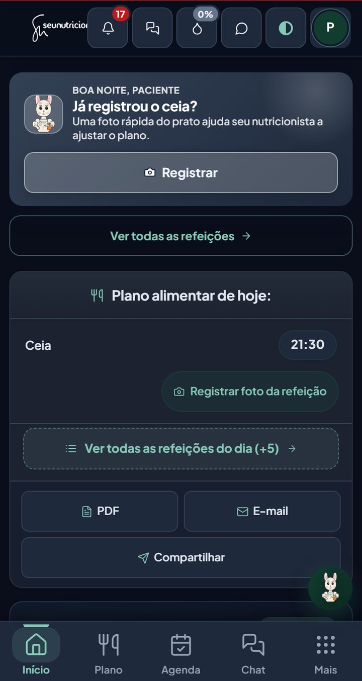 Tela de Início com o lembrete da refeição, o plano de hoje e os botões de PDF, e-mail e compartilhar