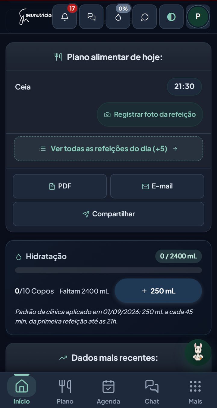 Bloco Hidratação no Início, com os copos do dia e o botão de 250 mL