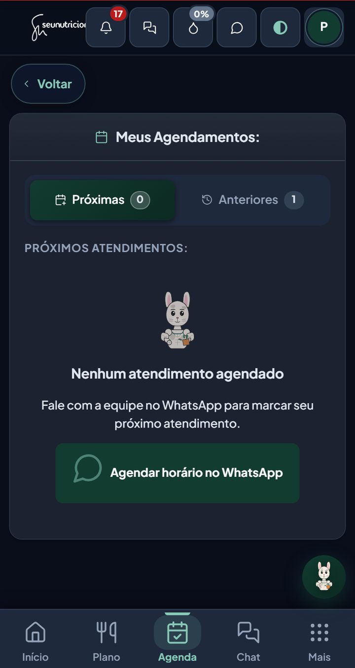 Tela de agenda, com Próximas e Anteriores e o botão de agendar pelo WhatsApp