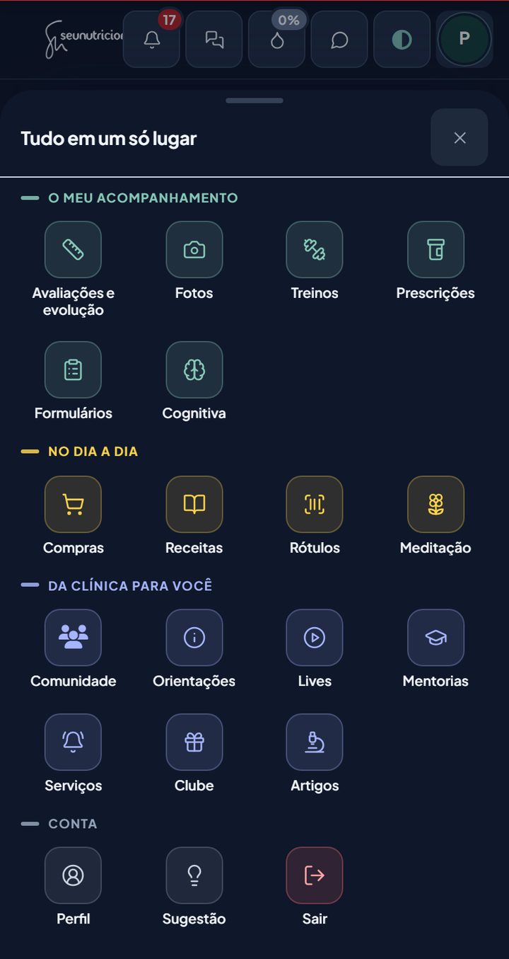 Gaveta Tudo em um só lugar, com os quatro grupos e os ícones de cada item